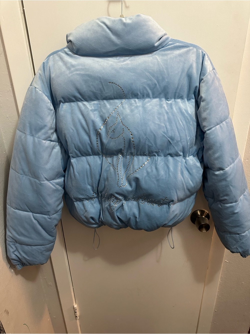 Baby Phat Light Blue Puffer Jacket with Rhinestone Cat Motif